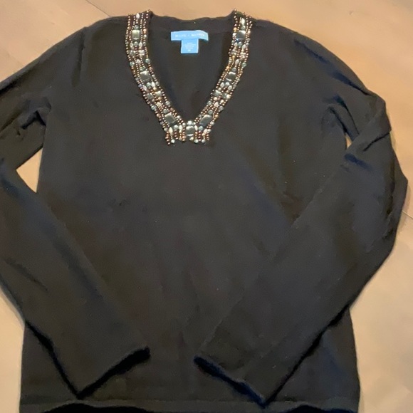 White + Warren black cashmere v neck sweater. Size small. EUC - Picture 2 of 7